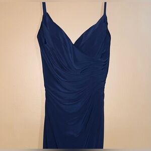 Chic navy Blue Ruched maxi floor length Dress thin spaghetti strap size 0
